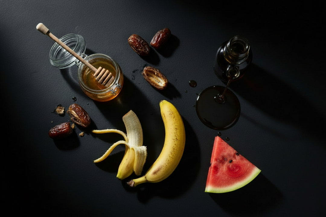 Flat lay of natural carbohydrate fuel sources including honey, dates, bananas, and watermelon for grapplers and wrestlers