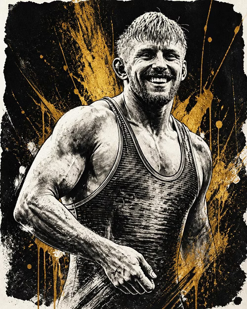 Stylized black-and-gold portrait of wrestler Kyle Dake