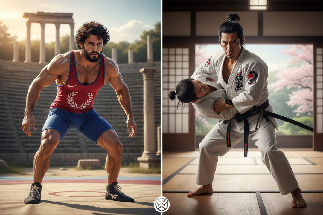 Ancient Greek wrestler in singlet and Japanese samurai in gi showing origins of wrestling and jiu-jitsu