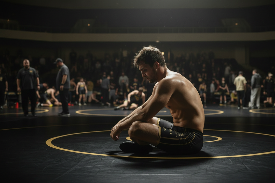 Wrestler recovering between tournament matches using active movement and hydration strategies