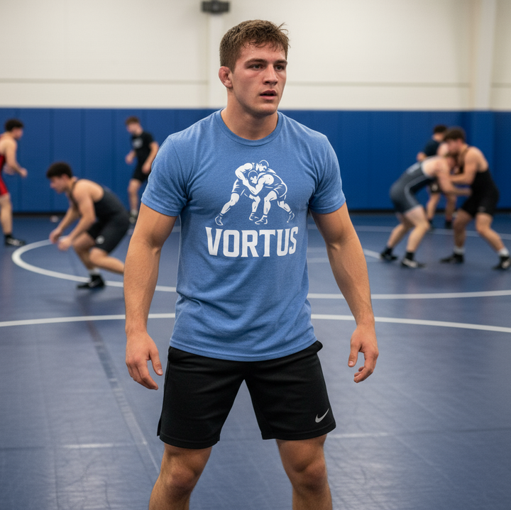 Vortus Wrestling Blue Shirt - Male Folkstyle Wrestler